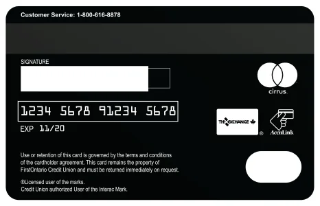 Back of FirstOntario Debit MasterCard with Card Numbers Highlighted
